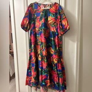 Farm Rio blue banana mix puff sleeve midi dress size large